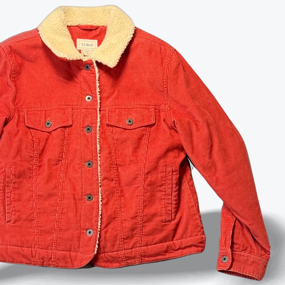 LL‎ Bean Womens Red Corduroy Sherpa Lined Trucker Jacket Large O BDY3
